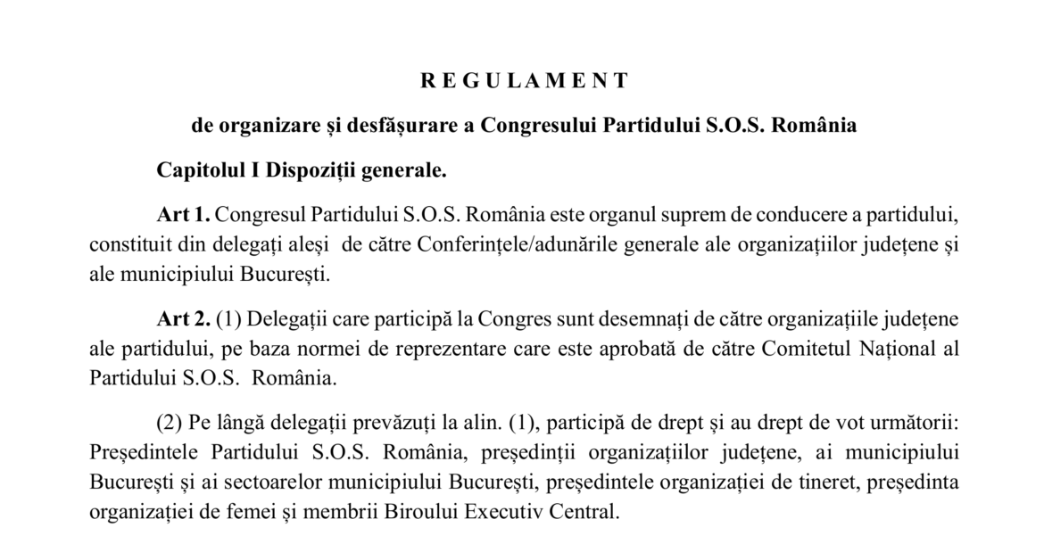 Regulamentul de organizare și desfășurare a Congresului Partidului S.O.S. România