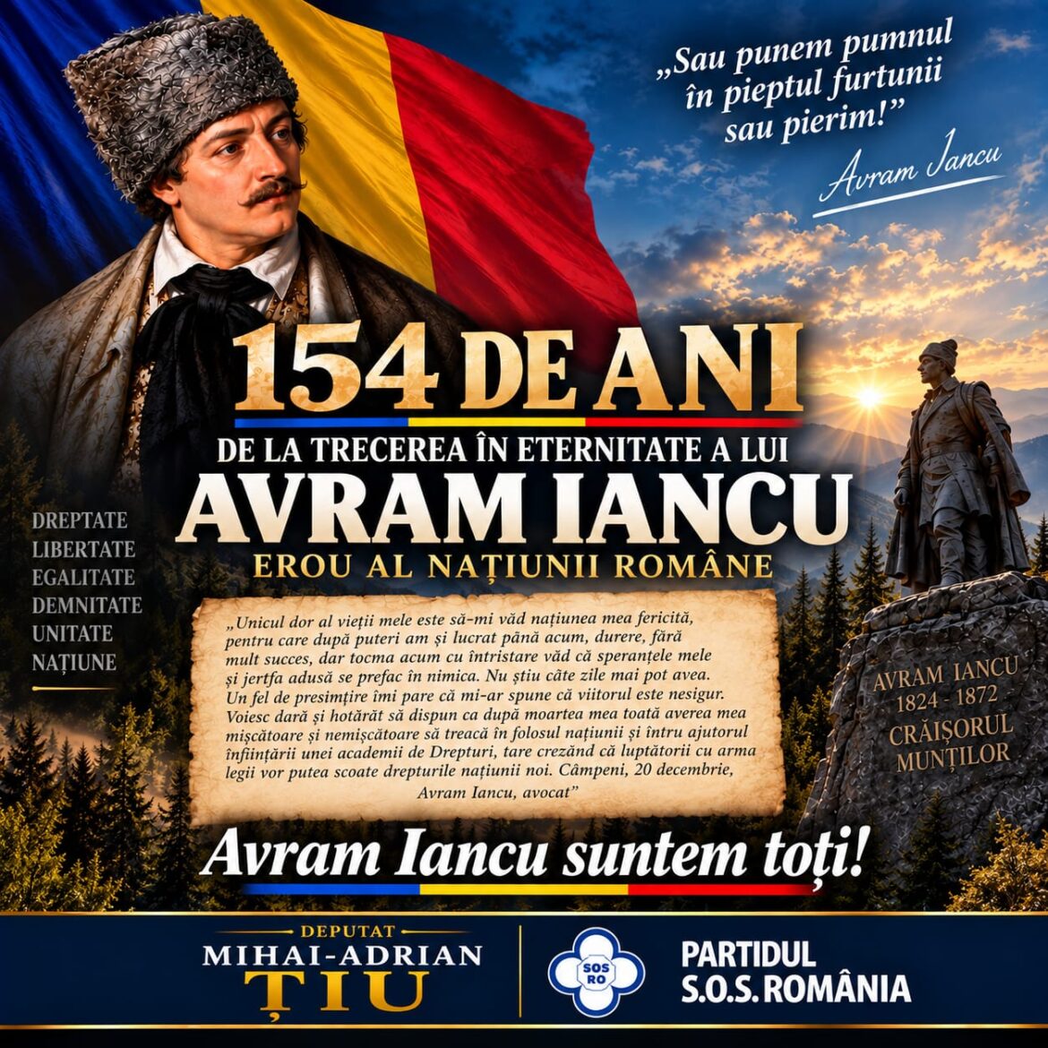 Deputat Mihai Țiu: 154 de ani de la trecerea în eternitate a lui Avram Iancu, erou al națiunii române